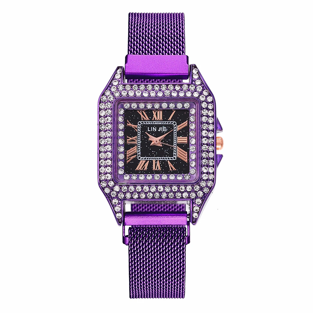 Women Magnet Buckle Square Case Shape Diamond Watch Luxury Ladies Stainless Steel Belt Quartz Watches Gift Clock - Color: purple