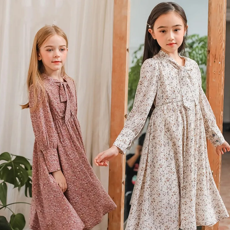 Spring Chiffon Dress For 5 14 Years Girls Long Sleeve Floral Print Long