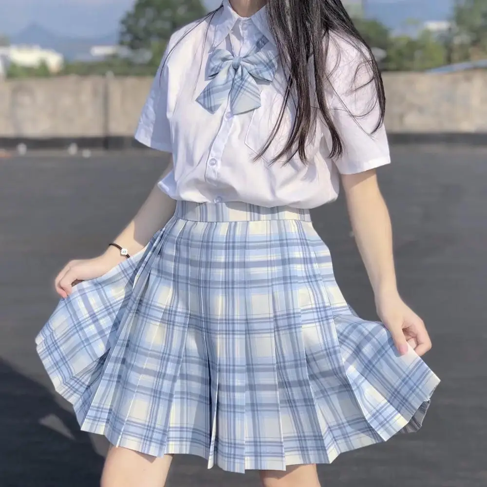 [Shinazugawa] Japanese School Girls High Waist Pleated Skirts Blue Plaid Skirts Women Dress Long/Short Sleeve JK School Uniform