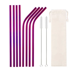 Vibrant Reusable Eco-Friendly Stainless Steel Straw Set - 10 Colorful Straws (8pcs Purple)