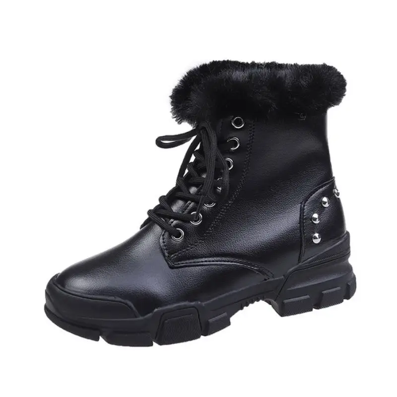 Coolcept Women Ankle Boots Warm Plush With Fur Round Toe Shoes Women Fashion Rivets Cross Strap Casual Winter Boots Size 35-40 - Цвет: Черный