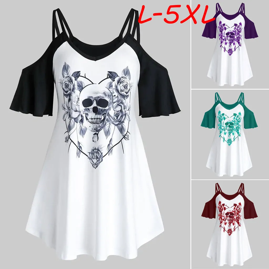 

Women V-Neck Plus Size Blouse Open Shoulder Skull Flower Print T Shirt Tops SLRBS