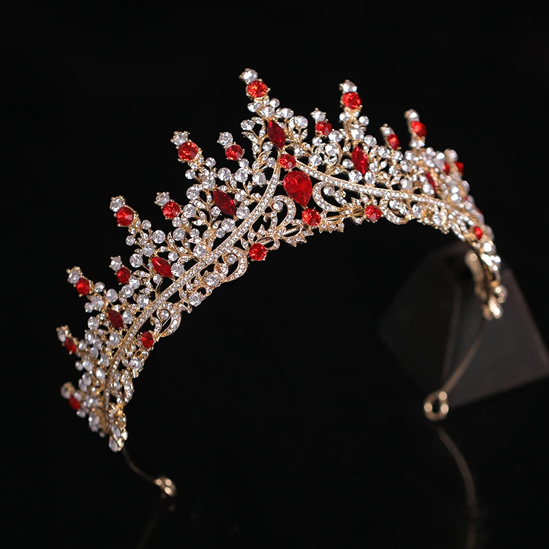 New Golden Bride Crown Princess Headwear Birthday Red Rhinestone Headband Wedding Hair Jewelry Bridal Tiaras Vintage Headpiece