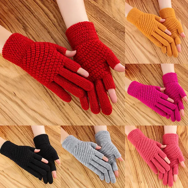 1 Pair Unisex Imitation Cashmere Half-finger Cycling Mittens Women Winter Warm Thick Knit Wool Fingerless Writing Touch Screen