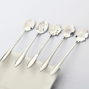 

5pcs Stainless Steel Flower Spoon Coffee Tea Spoon Set Flower Spoon Set Creative Kitchen Accessories