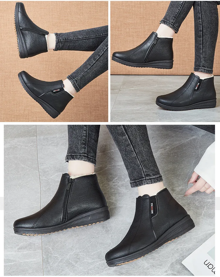 2025 Top Quality Mom Leather Ankle Boots Women Non-slip Winter Fur Snow Boots Female Wedge Oxford Sneakers Womens Winter Shoes