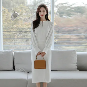 

S-XL Plus Size Casual Elegant Dress Women Midi Split Winter Dress Women Ladies Long Sleeve Corset Lantern Sleeve White Dress