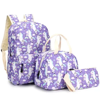 

2020 new purple Unicorn three piece schoolbag for primary school students children's meal bag pencil bag