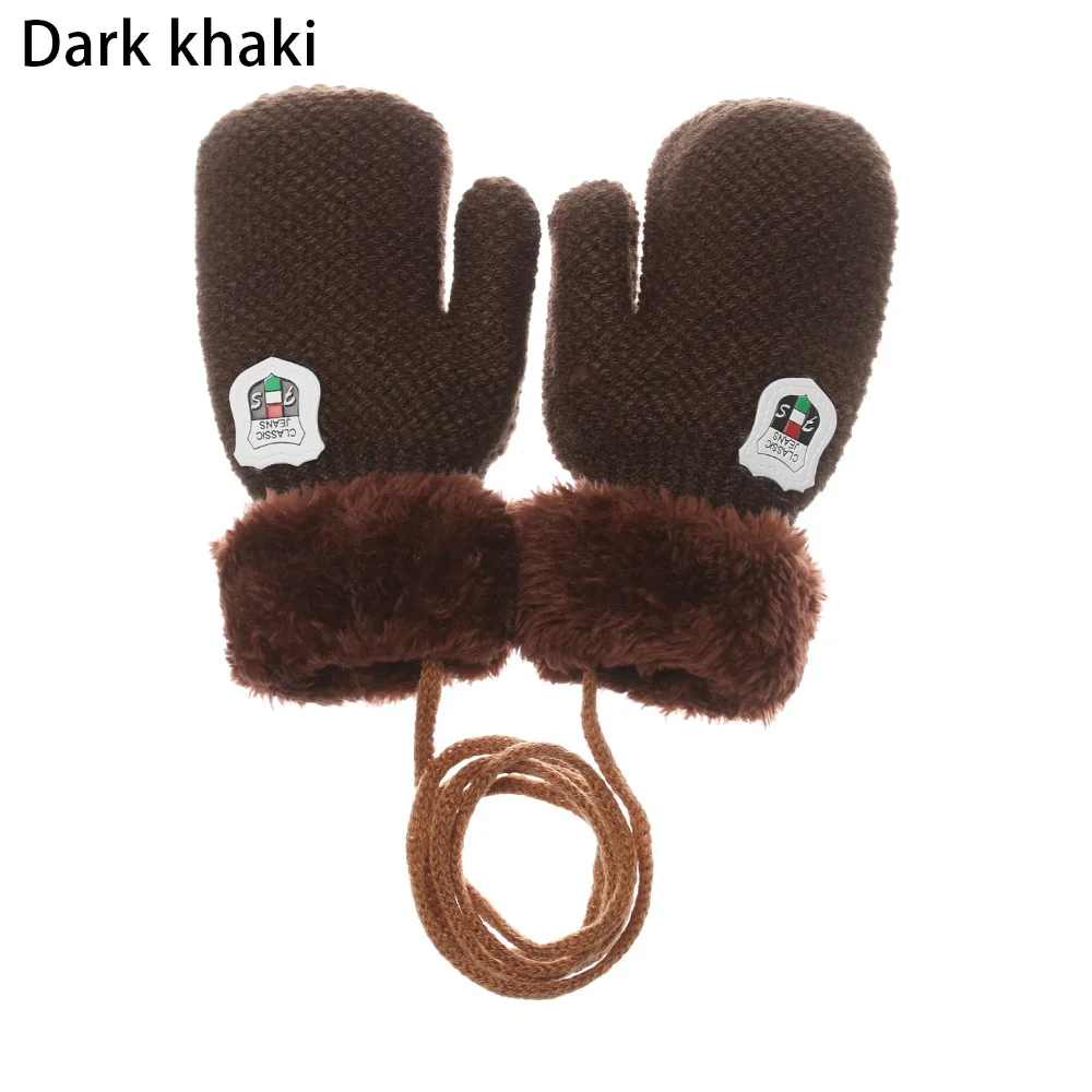 dark khaki Милые Мультяшные перчатки для маленьких детей, зимние толстые вязаные шерстяные теплые варежки, детские мягкие плюшевые перчатки, сохраняющие тепло - Цвет: dark khaki