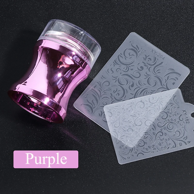 1 Набор Прозрачная силиконовая головка зеркальная гвоздь штамп маникюрный скребок лак шаблон для переноса изображений наборы с крышкой пластина для стемпинга для нейл-арта - Цвет: Фиолетовый