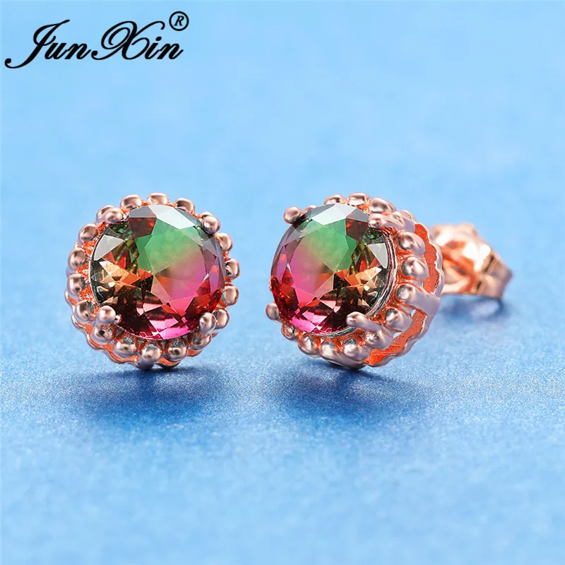 

Gradient Rainbow Crystal Round Earrings Silver Rose Gold Colorful Zircon Mystic Fire Red Green Stone Stud Earrings For Women CZ