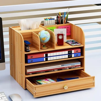 

Desktop Storage Box Wooden Office Multi-layer File Rack Supplies Stationery Box Sundries Shelf File Book Organizer 32*22.5*26cm