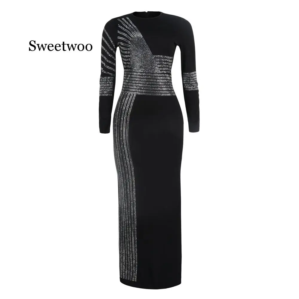 African Maxi Dresses For Women 2020 Black African Long Dress Sequins O-Neck Long Sleeves Daily Dress Evening Dress Party Dress