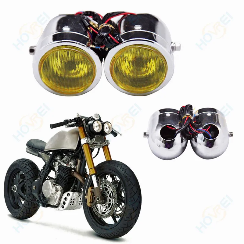 Universal retro Motorcycle chrome Front Double Twin LED Headlight Moto Scooter Vintage Front dual HeadLamp for harley honda