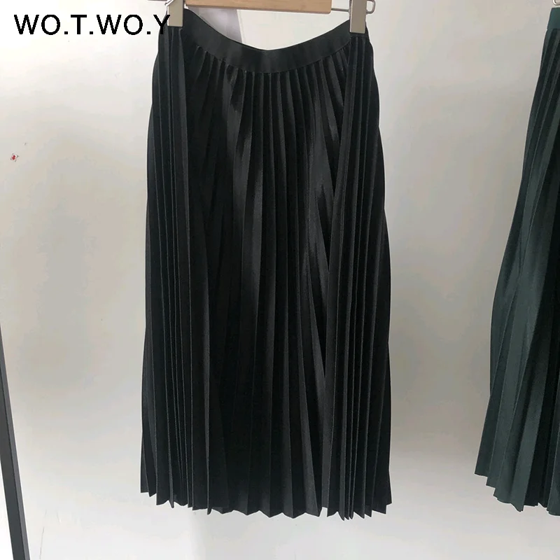 K19291Black WOTWOY, осенняя Повседневная плиссированная женская юбка,, прямая, до середины икры, длинная, черная, юбки для женщин, элегантная, мягкая, трогательная, женская одежда - Цвет: K19291Black