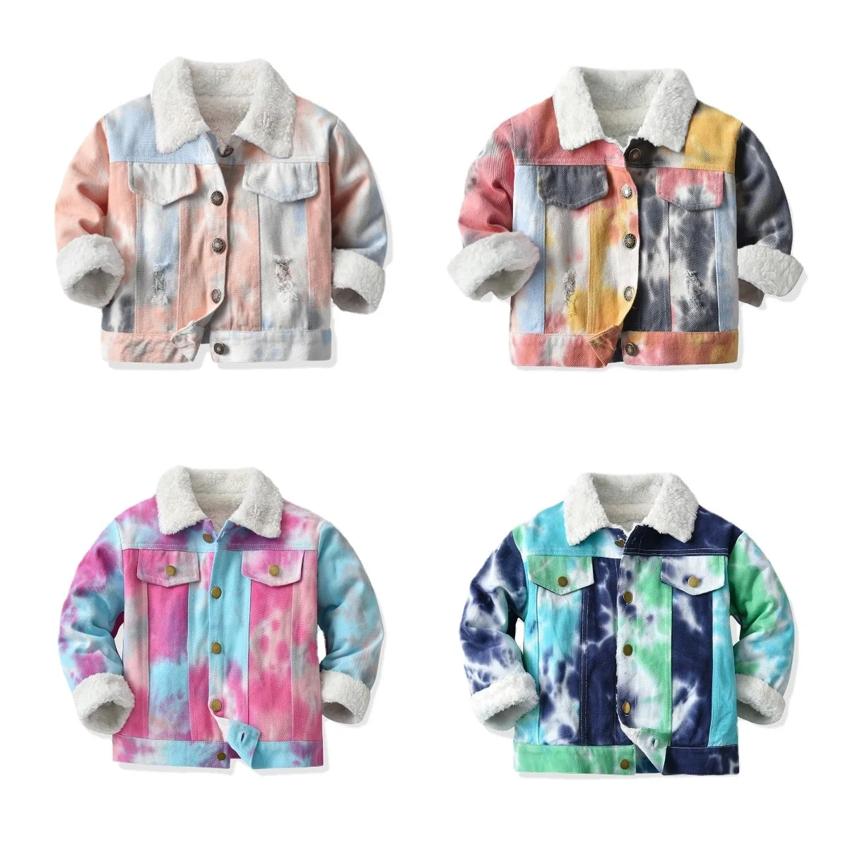 

Kid Boys Girls Denim Jackets Baby Toddler Autumn Warm Fleece Colorful Long Sleeve Coat Winter Fashion Children Outwear 1-7Y