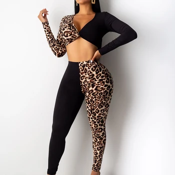 

Leopard Black Patchwork Pants Two Piece Sets Full Sleeve Deep V Neck Crop Top Trousers Casual Streetwear Club Sexy Outfits Women