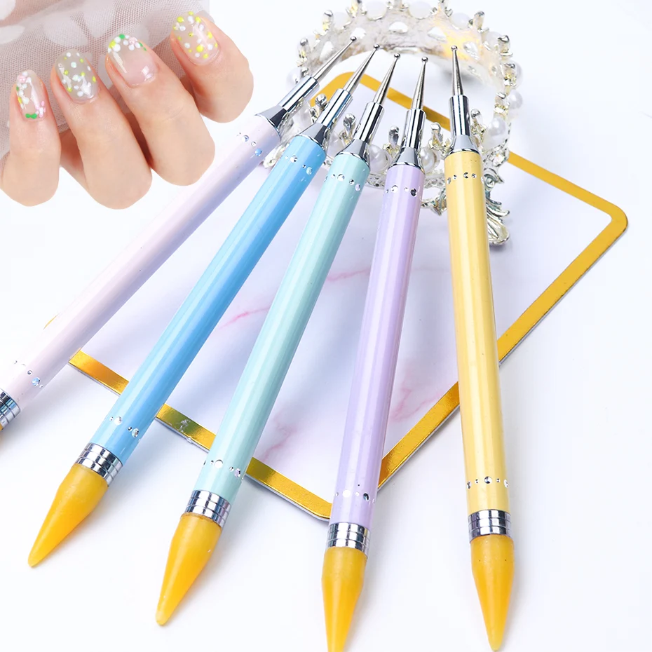 

1pcs Wax Dotting Pen Point Drill Pen Steel Rhinestone Handle Picker Nail Tool Dual-ended Pink Blue Pencil Nail Manicure JI046