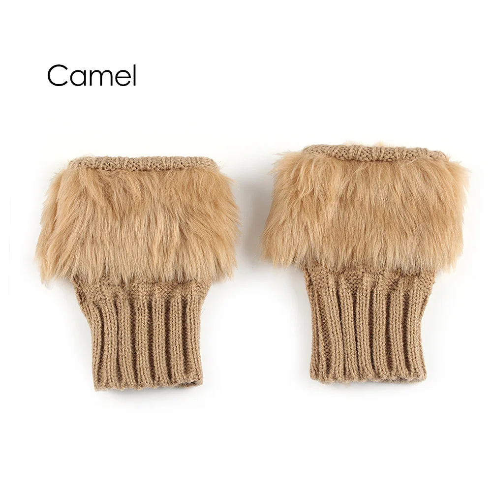 Модные зимние теплые перчатки с искусственным кроличьим мехом, вязанные перчатки-митенки, теплые женские перчатки для девушек - Цвет: camel