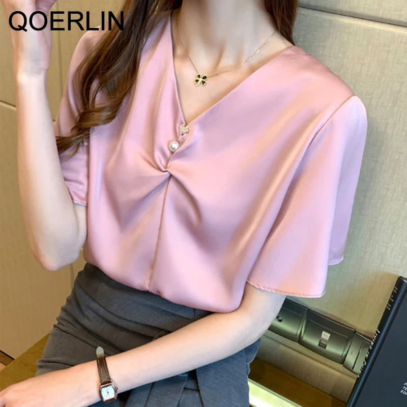 

QOERLIN V Neck Pink Blouse Women Beaded Fly Sleeve White Top Shirt Summer Short Sleeve Office Ladies Work Wear Elegant Pullover