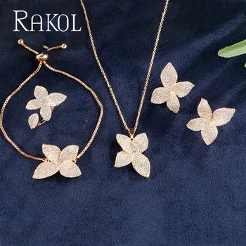 

RAKOL Luxury Zirconia Micro Pave Flower Earrings Ring Bracelet Necklace Set For Women Fashion Wedding Anneaux Jewelry RS30777