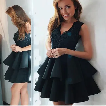 

Fashion Appliques Lace Draoed A-line Cocktail Dresses Simple Sleveless V-neck Knee-length Satin Party Gown коктейльное платье