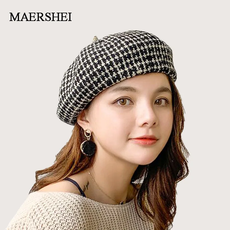 MAERSHEI новая шляпа Женская клетка, жаккард шерсть Берет элегантная женская шляпа высокого качества теплые вязаные вещи для зимы шляпа
