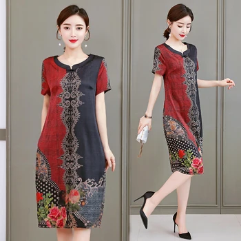 

Fashion Vintage Silk Dress Summer Loose Short Sleeved Temperament Print Dresses Womens Clothes Comfortable Plus Size
