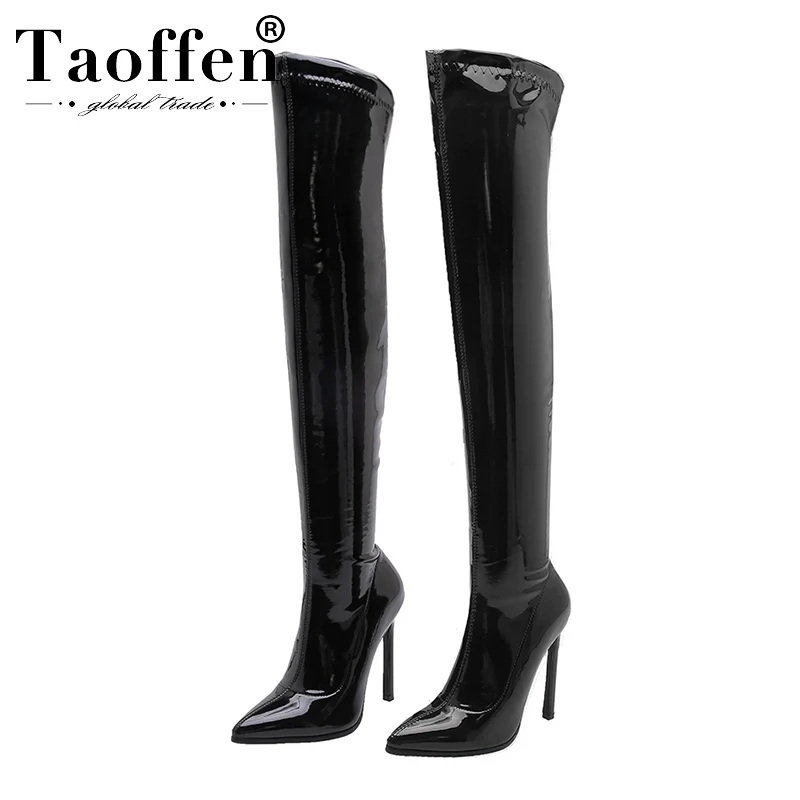 

TAOFFEN 2020 Thin Super High Heel Sexy Pointed Toe Over The Knee Boots Pu Leather Autumn Winter Fashion Women Shoes Size 34-43