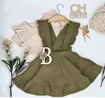 

2020 Baby Summer Clothing Toddler Kid Baby Girl Clothes Short Sleeve Top Ribbed T-shirt Overall Strap Dress Outfit Set