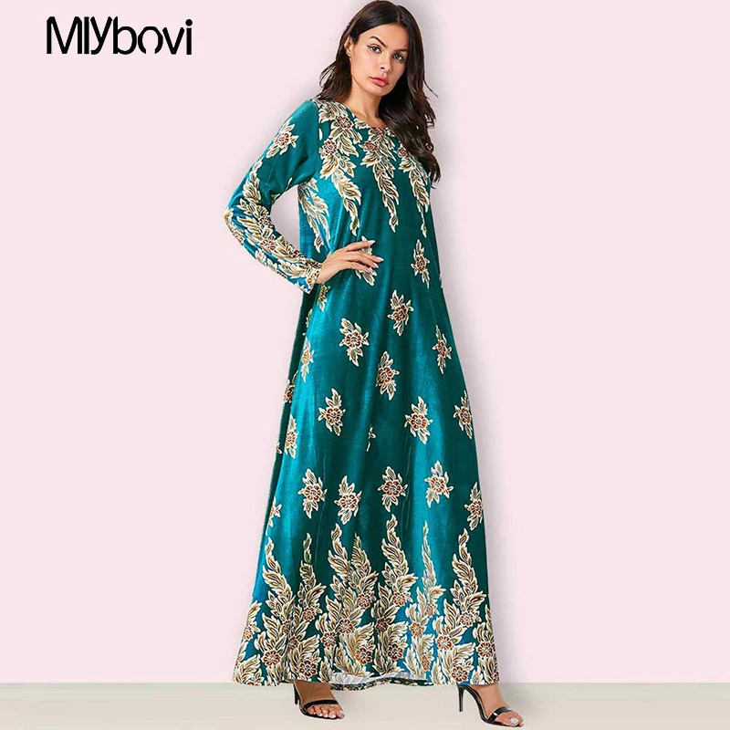

Women Velvet Green Dress Muslim Fashion Turkish Islamic Clothing Abaya Dubai Jewish Chic Muslim Dress Kaftan Abayas 2019