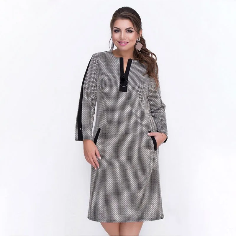 

2019 Fashion Designer Women Autumn Dress Big Size Patchowrk Vestidos Mid Calf Full Sleeve 6XL Oversized
