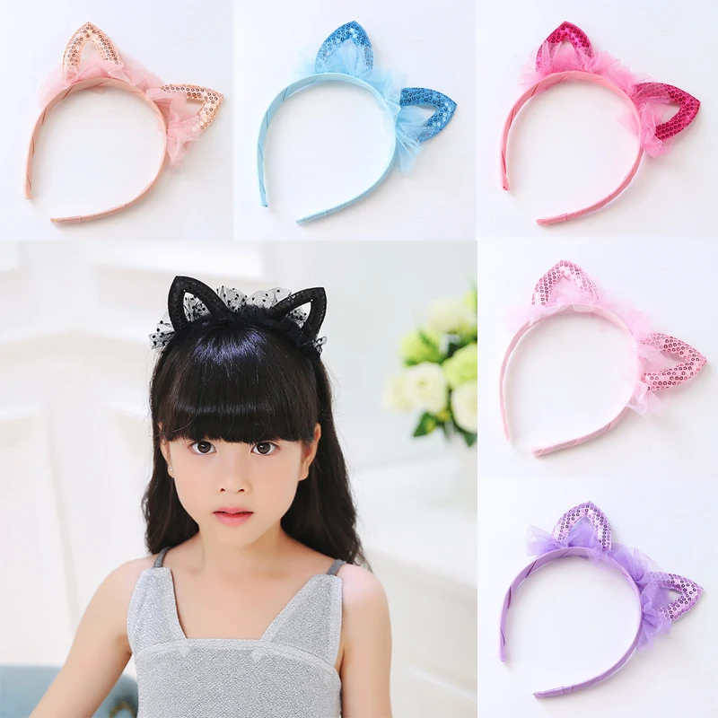 Baby Girls Cute Hair Accessories Kids Sequin Cat Ear Design Headband Headwear Apparel Photography Prop Party Gift