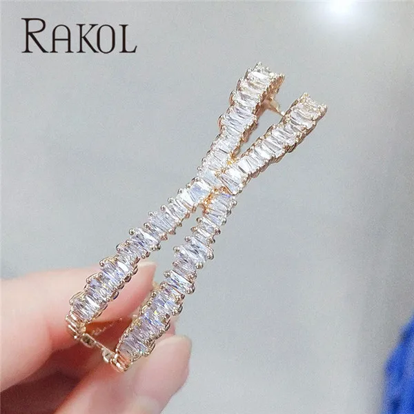 Gold Color 51 RAKOL модный AAA кубический цирконий мужской женский багет Браслет манжета медная основа с золотым цветом толстые ювелирные изделия RS1138 - Окраска металла: Gold Color 51