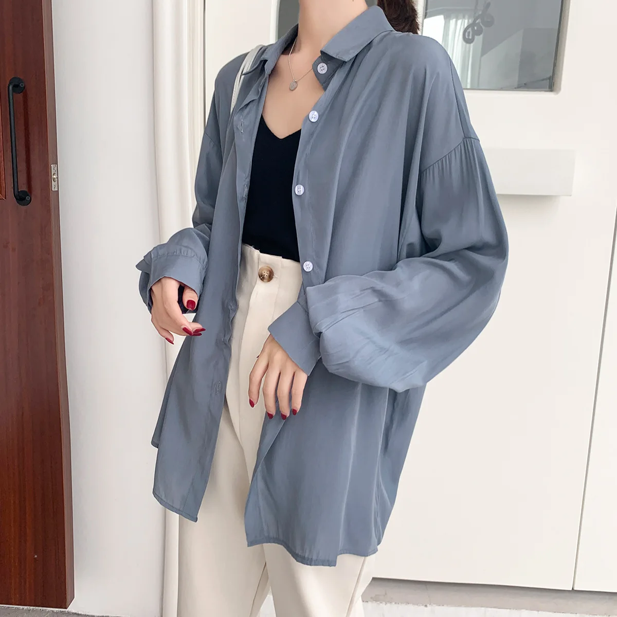 

Elegant-Style Silky Fabric Loose-Fit Long Sleeve Solid Color Shirt Women's 2020 Spring Korean-style WOMEN'S Wear Versatile Shirt