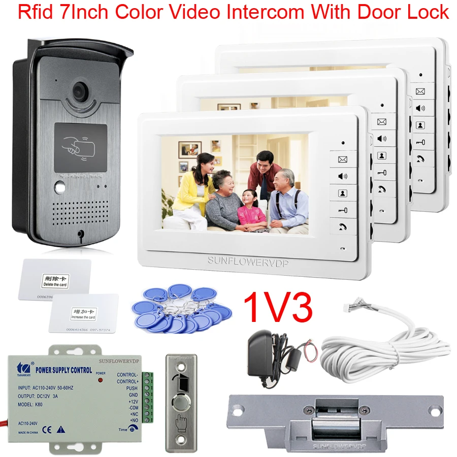 1V3 Rfid Cards Camera Intercoms For A Private House 7Inches Color Monitor Video Call With Electric Strike Door Lock Full Kit