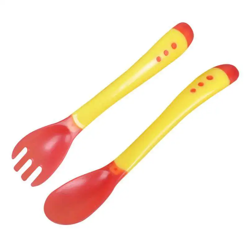 yellow spoon fork Детская посуда Детские Обучающие блюда с присоской Assist еда чаша ложка с датчиком температуры чашка для кормления малыша посуда - Цвет: yellow spoon fork