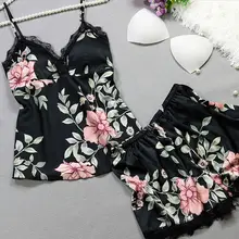 Women Sexy Floral 2PCS Lingerie Pajamas Set  Sling Lace Deep V-Neck Top Short Elastic Band Pants Summer Sleepwear Set
