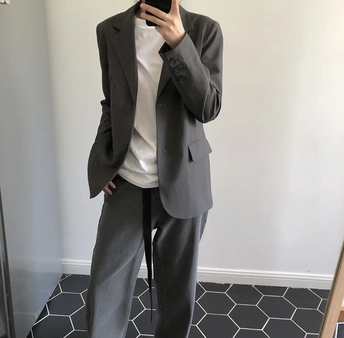 

2019 Spring New Style South Korea INS Elegant Small Suit Versatile Loose Casual High Grade Grey Coat Women's