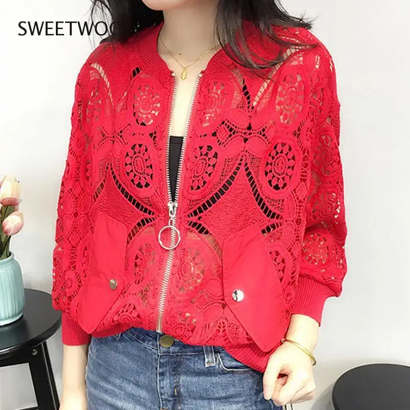 Women Long Sleeve Lace Embroidery Hollow Out Jacket Korean Fashion Short Outwear White Bomber Women Sunproof Coat Tops