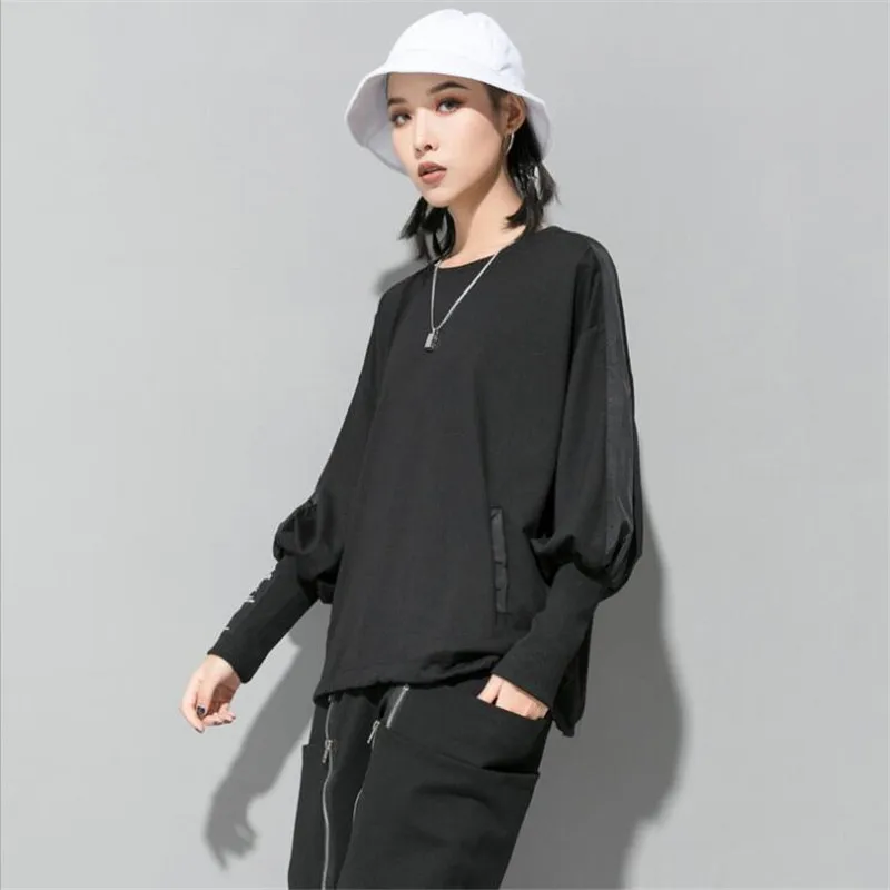 Fashion hip hop casual Women T-shirt Long sleeve tops womens top Black Loose Oversized tops spring autumn Lantern sleeve