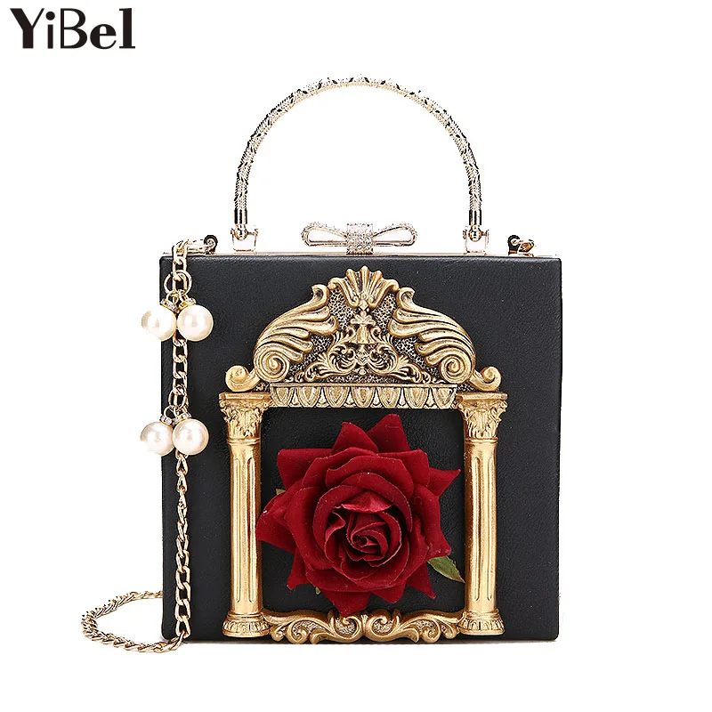 

New High Quality Women Retro Crossboby Handbag Square Box Embossed Flower Pattern Pearl Strap Shoulder Bag