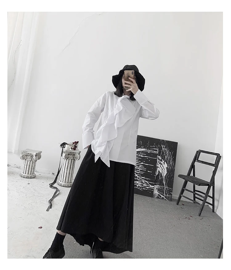 New Korean Style Women Long Sleeve Solid White Black Blouse Shirt Vertical Ruffles Ladies Stylish Casual Blouses 1207B-04