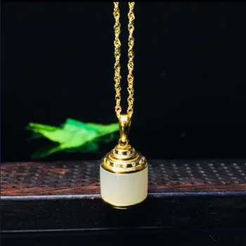 

925 Sterling Silver White Green HeTian Jade Inlay Cylindrical Lucky Golden Color Pendant Necklace Charm Fine Jewelry Gift