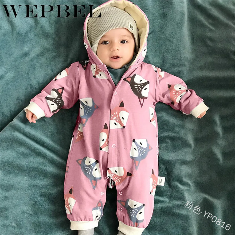 WEPBEL/детский осенне-зимний комбинезон с капюшоном и принтом лисы для маленьких девочек, хлопковый комбинезон с капюшоном