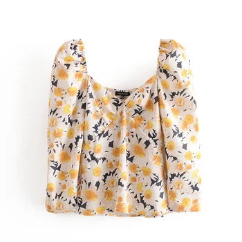 

2020 spring and summer new style square collar long sleeve small fresh daisy temperament vacation print shirt