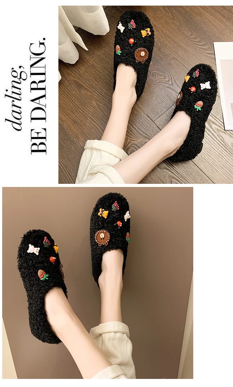 cute bear decoration fur flats women round toe anti-slip lamb wool loafers oxford winter shoes woman warl plush moccasins s532