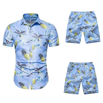 

Two Piece Set Men Hawaiian Print Short Sleeve Tshirt Cropped Top + Shorts Men's Tracksuits Causal Tops Short Trousers