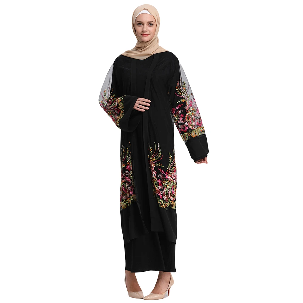Сексуальное мусульманское платье абайя Дубай женское кимоно с цветочной вышивкой Рамадан сетчатый кардиган кафтан Марокканская Исламская одежда кафтан