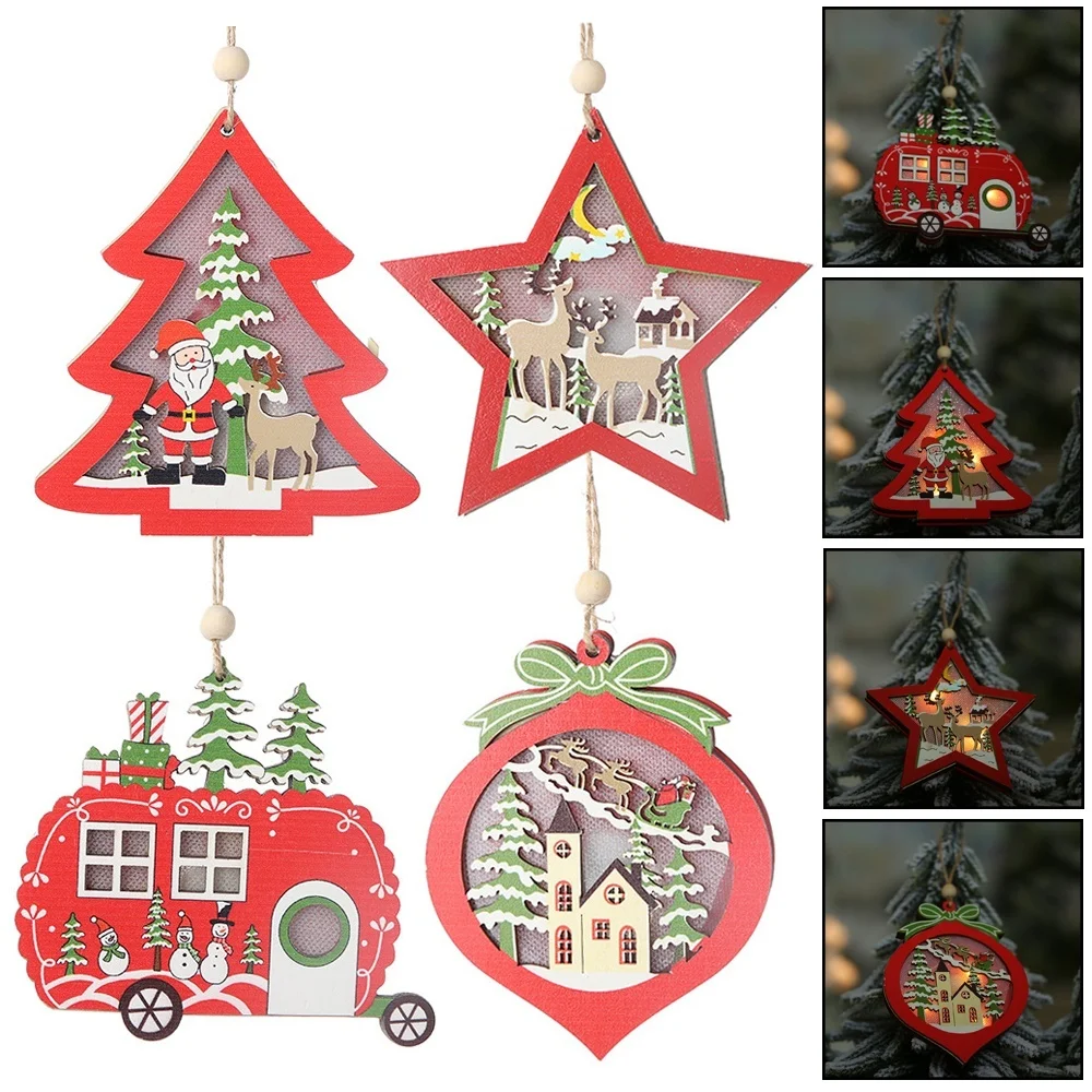 

Wooden LED Christmas Pendant Xmas Beautiful Dinner Goods Fashion Wooden Christmas Tree Pendant Snowman Old Man Illuminate Toy